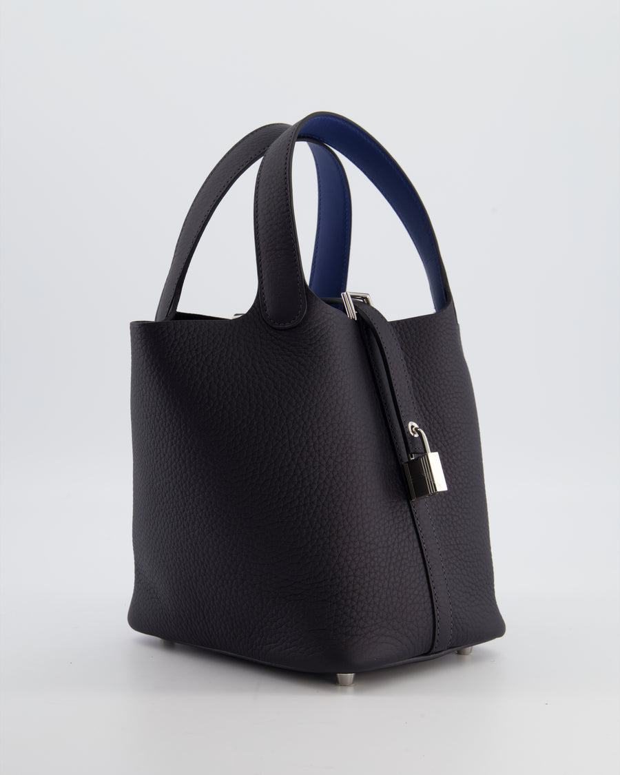 Hermès Picotin Lock 18 Eclat Bag in Caban Clemence Leather with Bleu Tie Interior Handle and Palladium Hardware