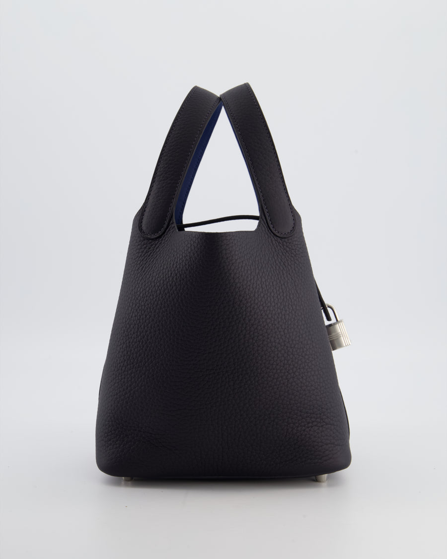 Hermès Picotin Lock 18 Eclat Bag in Caban Clemence Leather with Bleu Tie Interior Handle and Palladium Hardware