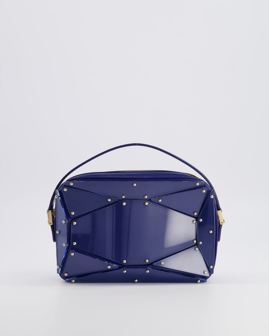 Elie Saab Blue Glass Effect Geometric Leather Top Handle Bag with Gold Hardware
