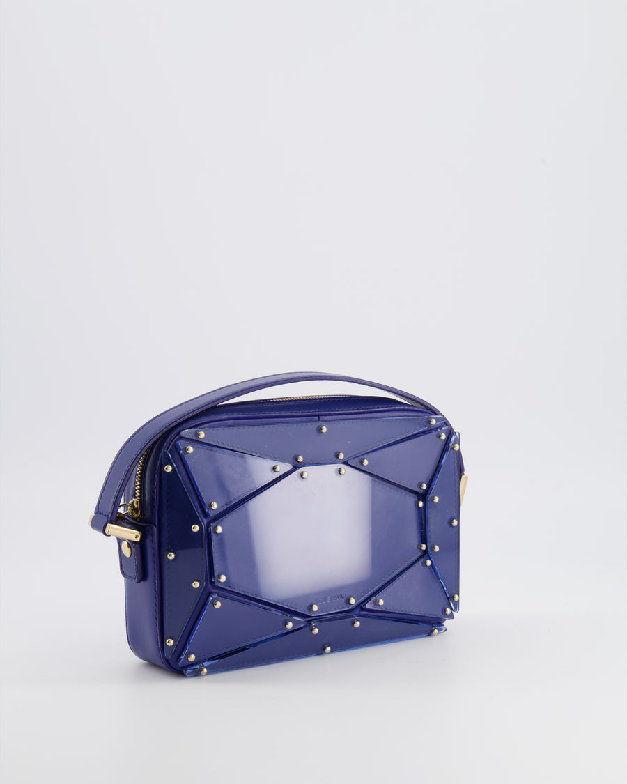 Elie Saab Blue Glass Effect Geometric Leather Top Handle Bag with Gold Hardware