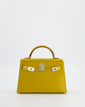 Hermès Mini Kelly II 20 Verso Bag in Jaune Ambre Chèvre Mysore Leather with Gold Interior and Palladium Hardware