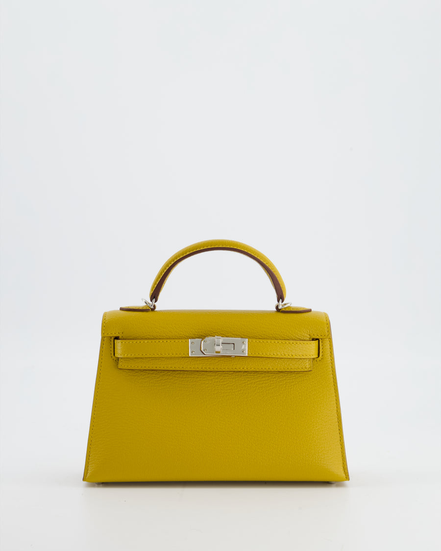 Hermès Mini Kelly II 20 Verso Bag in Jaune Ambre Chèvre Mysore Leather with Gold Interior and Palladium Hardware