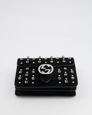 Gucci Black Suede Interlocking G Crystal Crossbody Bag with Silver Studs Embellishments and Silver Hardware