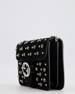 Gucci Black Suede Interlocking G Crystal Crossbody Bag with Silver Studs Embellishments and Silver Hardware