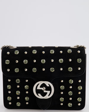 Gucci Black Suede Interlocking G Crystal Crossbody Bag with Silver Studs Embellishments and Silver Hardware
