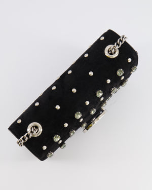 Gucci Black Suede Interlocking G Crystal Crossbody Bag with Silver Studs Embellishments and Silver Hardware