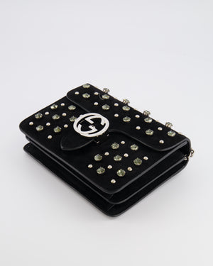 Gucci Black Suede Interlocking G Crystal Crossbody Bag with Silver Studs Embellishments and Silver Hardware
