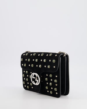 Gucci Black Suede Interlocking G Crystal Crossbody Bag with Silver Studs Embellishments and Silver Hardware