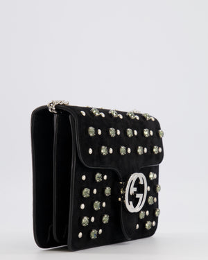 Gucci Black Suede Interlocking G Crystal Crossbody Bag with Silver Studs Embellishments and Silver Hardware