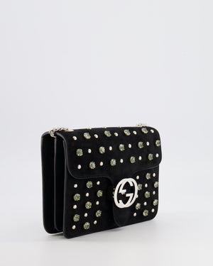 Gucci Black Suede Interlocking G Crystal Crossbody Bag with Silver Studs Embellishments and Silver Hardware