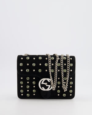 Gucci Black Suede Interlocking G Crystal Crossbody Bag with Silver Studs Embellishments and Silver Hardware