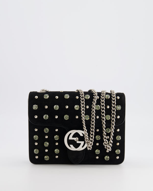Gucci Black Suede Interlocking G Crystal Crossbody Bag with Silver Studs Embellishments and Silver Hardware