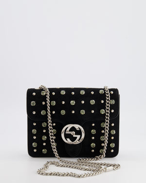 Gucci Black Suede Interlocking G Crystal Crossbody Bag with Silver Studs Embellishments and Silver Hardware