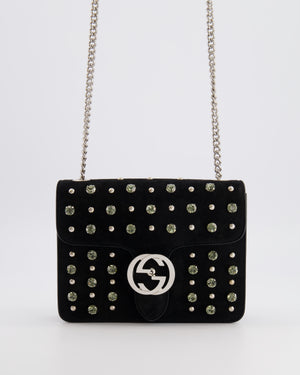 Gucci Black Suede Interlocking G Crystal Crossbody Bag with Silver Studs Embellishments and Silver Hardware