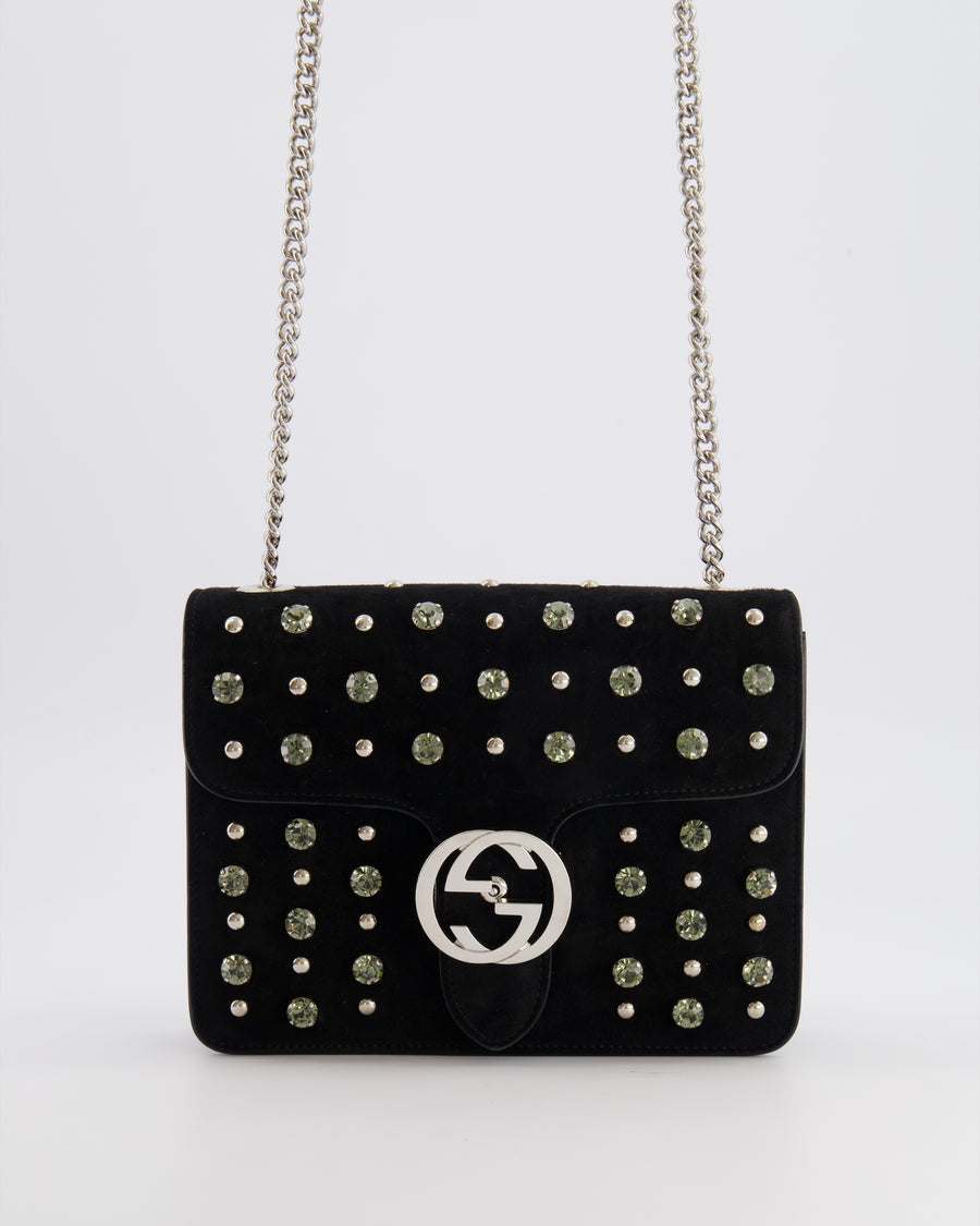Gucci Black Suede Interlocking G Crystal Crossbody Bag with Silver Studs Embellishments and Silver Hardware