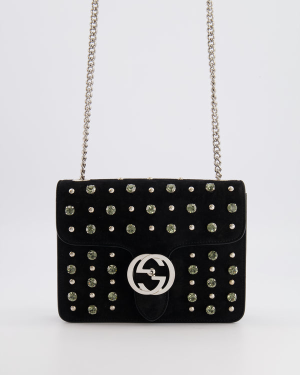 Gucci Black Suede Interlocking G Crystal Crossbody Bag with Silver Studs Embellishments and Silver Hardware