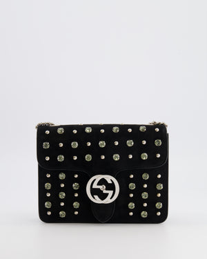 Gucci Black Suede Interlocking G Crystal Crossbody Bag with Silver Studs Embellishments and Silver Hardware