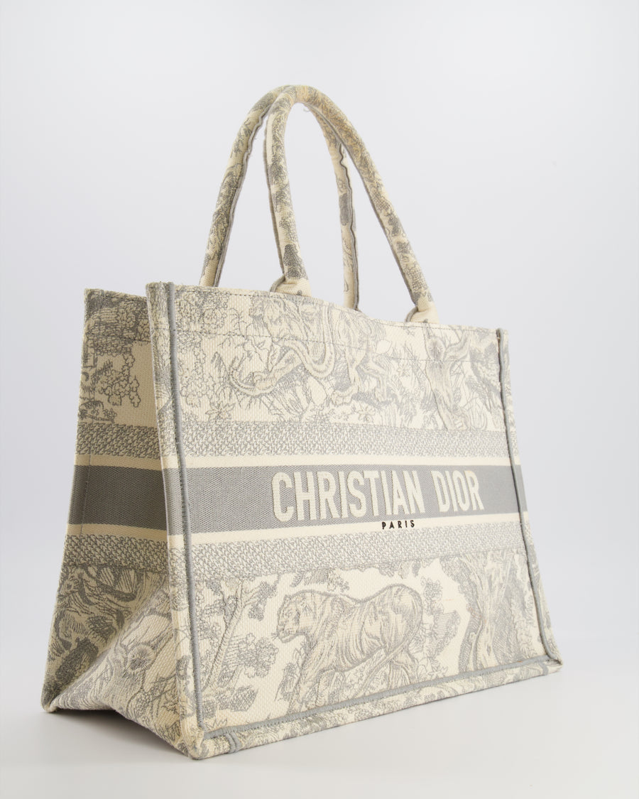 Christian Dior Ecru and Grey Medium Book Tote Bag with Toile De Jouy Embroidery RRP £2,500