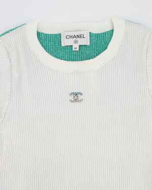 Chanel Cruise 2025 Silver Metallic and Green Ribbed Short-Sleeve Top with Crystal CC Logo Detail Size FR 40 (UK 12)