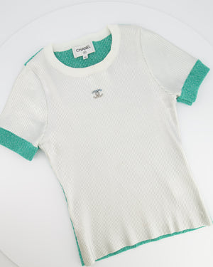 Chanel Cruise 2025 Silver Metallic and Green Ribbed Short-Sleeve Top with Crystal CC Logo Detail Size FR 40 (UK 12)