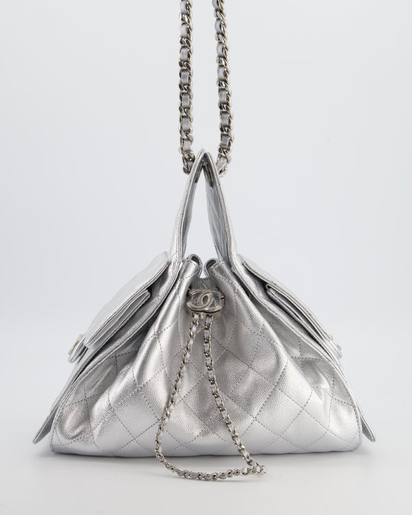 *RARE* Chanel Silver Caviar Leather Small 25 Handbag with Silver Hardware