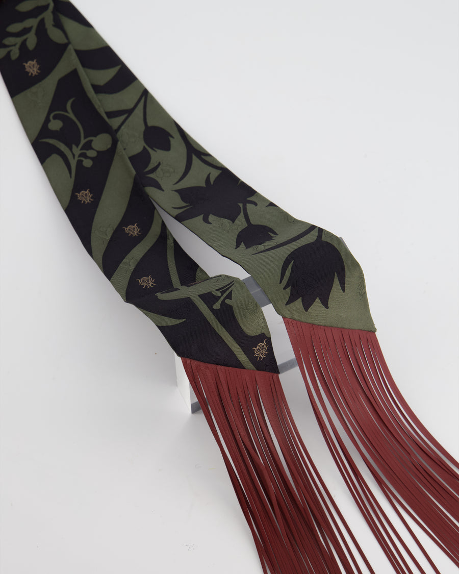 Hermès "Bouquet Final" Silk Twilly in Vert Loden with Rouge H Leather Fringe