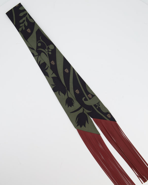 Hermès "Bouquet Final" Silk Twilly in Vert Loden with Rouge H Leather Fringe