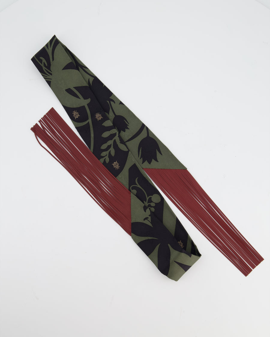 Hermès "Bouquet Final" Silk Twilly in Vert Loden with Rouge H Leather Fringe