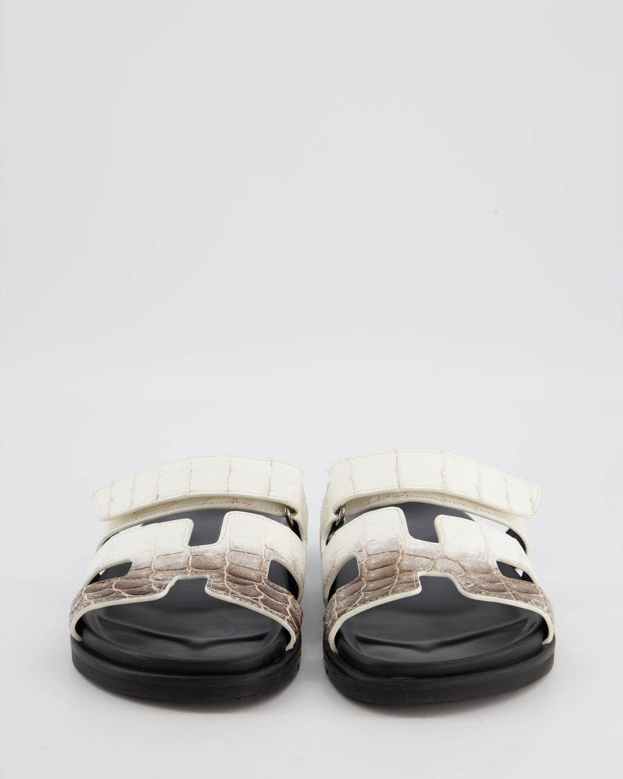 Hermès White and Grey Himalaya Niloticus Crocodile Chypre Sandals Size EU 38
