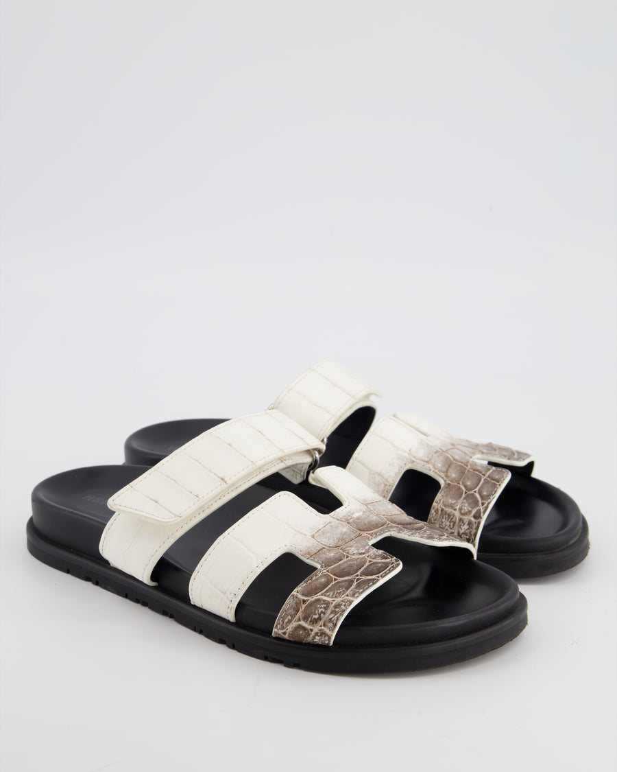 Hermès White and Grey Himalaya Niloticus Crocodile Chypre Sandals Size EU 38