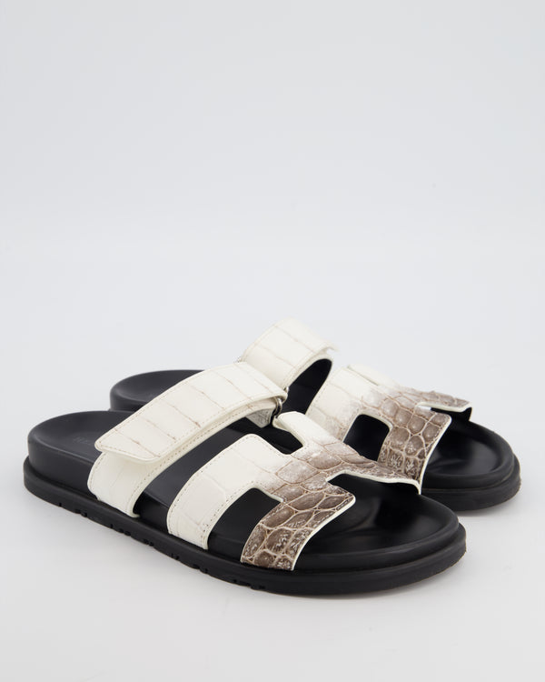 Hermès White and Grey Himalaya Niloticus Crocodile Chypre Sandals Size EU 38
