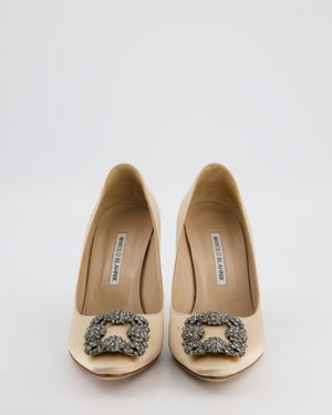Manolo Blahnik Beige Satin Hangisi Heel with Crystal Buckle Detail Size EU 38