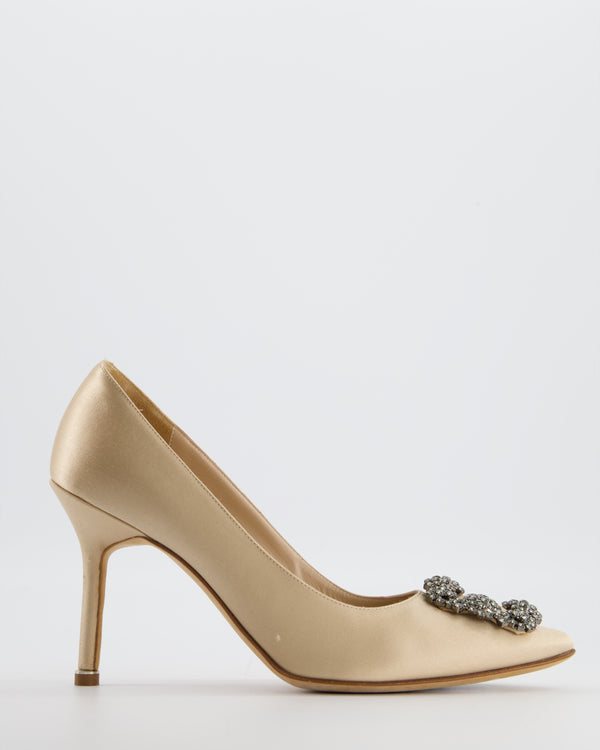 Manolo Blahnik Beige Satin Hangisi Heel with Crystal Buckle Detail Size EU 38