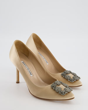Manolo Blahnik Beige Satin Hangisi Heel with Crystal Buckle Detail Size EU 38