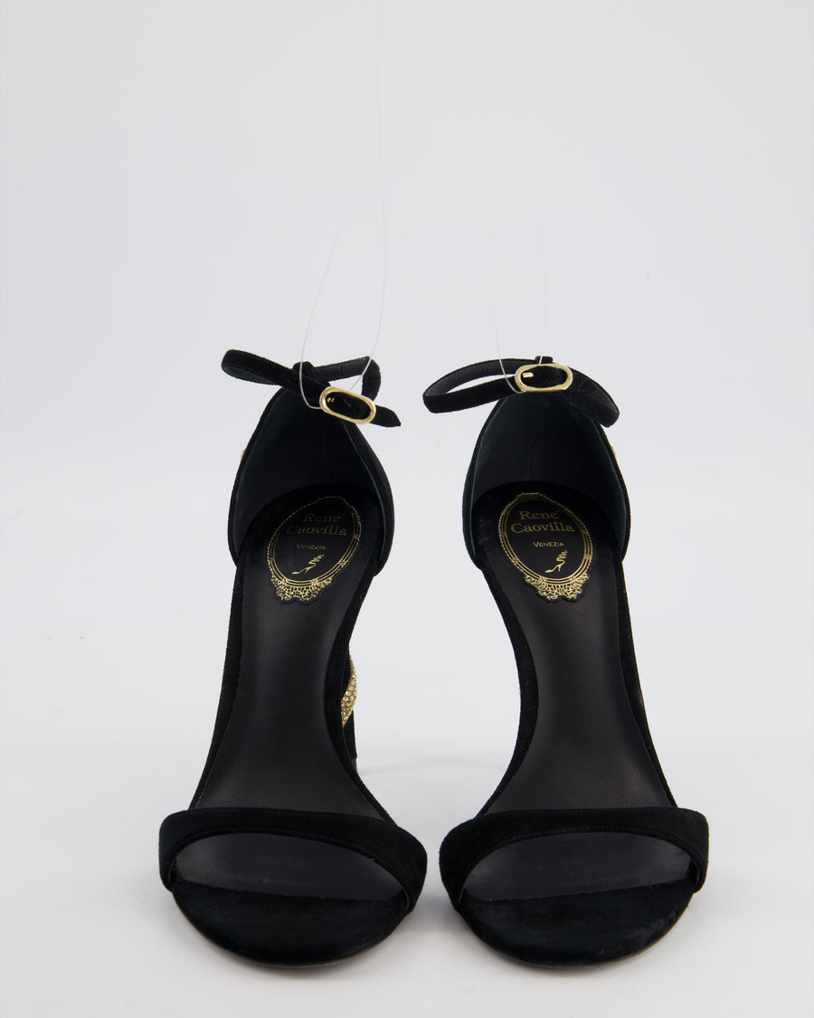 Rene Caovilla Black Margot Suede Heels with Gold Crystal Embellished Serpent Detail Size EU 38.5