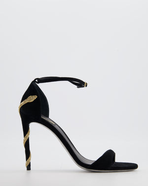 Rene Caovilla Black Margot Suede Heels with Gold Crystal Embellished Serpent Detail Size EU 38.5