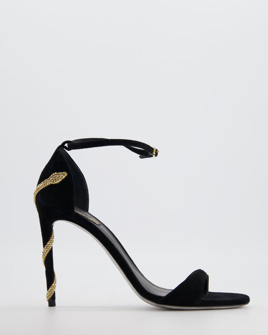 Rene Caovilla Black Margot Suede Heels with Gold Crystal Embellished Serpent Detail Size EU 38.5