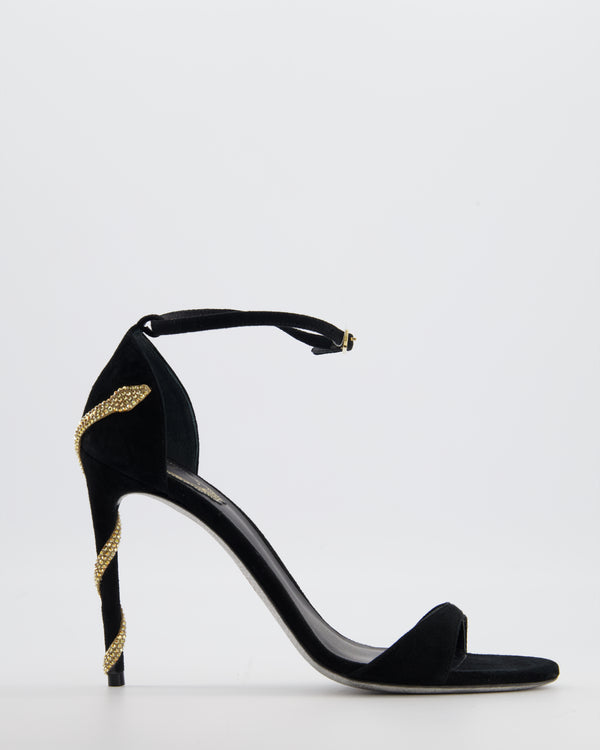 Rene Caovilla Black Margot Suede Heels with Gold Crystal Embellished Serpent Detail Size EU 38.5