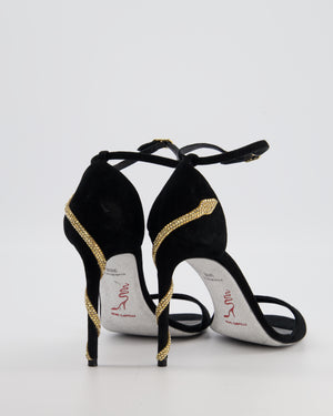 Rene Caovilla Black Margot Suede Heels with Gold Crystal Embellished Serpent Detail Size EU 38.5