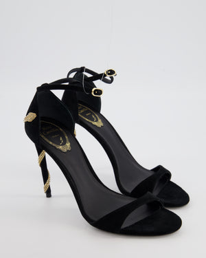Rene Caovilla Black Margot Suede Heels with Gold Crystal Embellished Serpent Detail Size EU 38.5