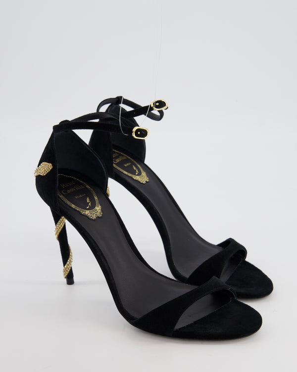 Rene Caovilla Black Margot Suede Heels with Gold Crystal Embellished Serpent Detail Size EU 38.5