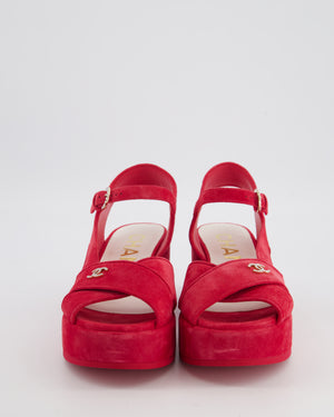 *HOT* Chanel Strawberry Red Suede Platform Sandals with Crystal CC Logo Detail Size EU 38.5C