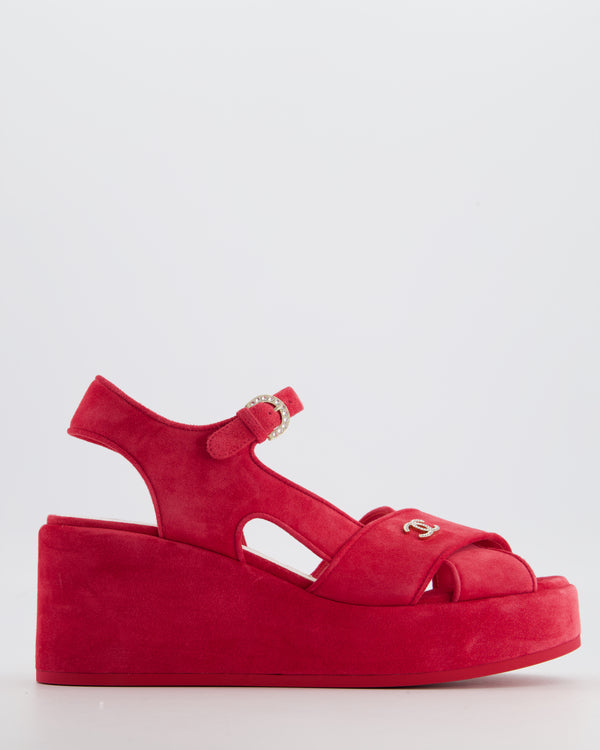 *HOT* Chanel Strawberry Red Suede Platform Sandals with Crystal CC Logo Detail Size EU 38.5C