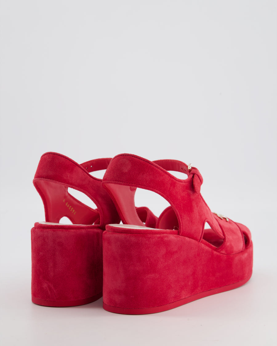 *HOT* Chanel Strawberry Red Suede Platform Sandals with Crystal CC Logo Detail Size EU 38.5C