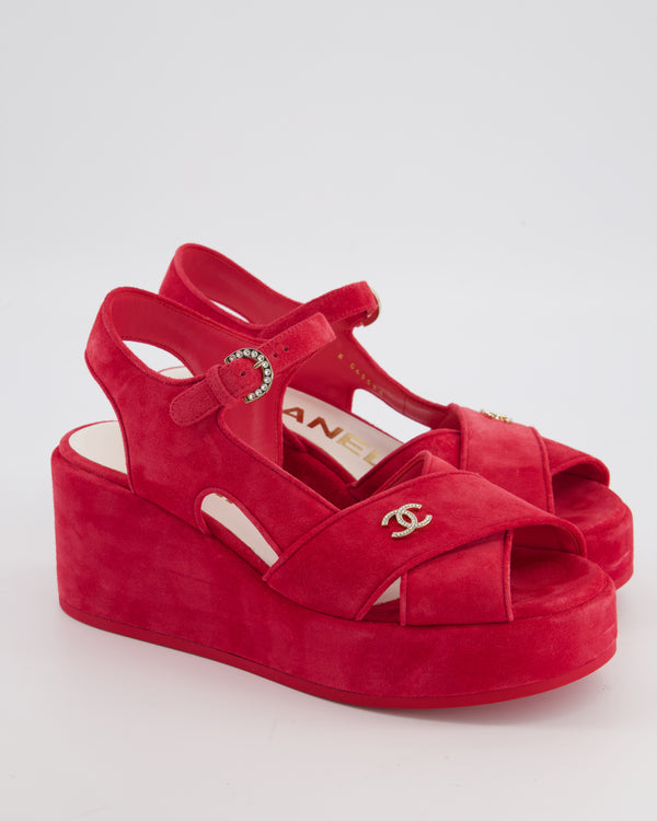 *HOT* Chanel Strawberry Red Suede Platform Sandals with Crystal CC Logo Detail Size EU 38.5C