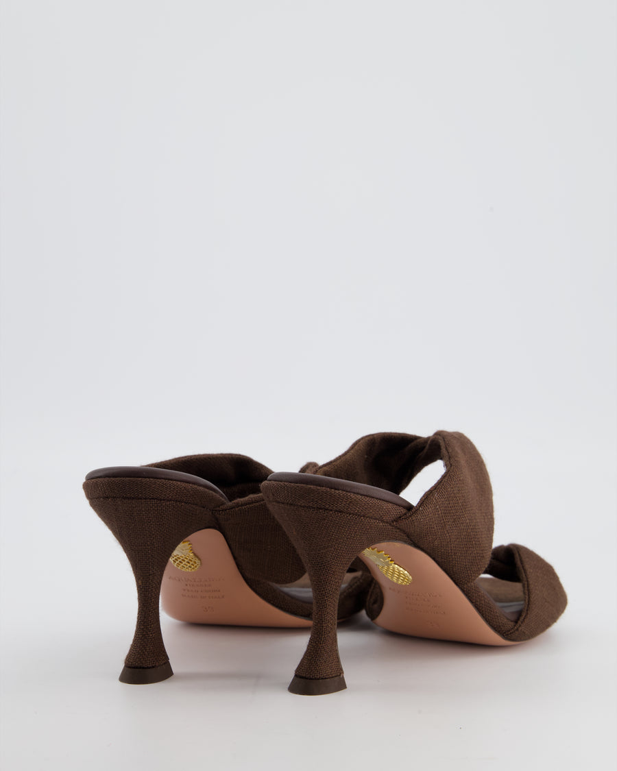 Aquazzura Twist 75 Mules in Dark Brown Linen Size EU 39
