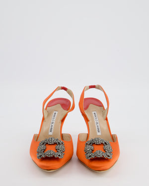 Manolo Blahnik Orange Satin Hangisi Slingback Pump Heel with Crystal Buckle Detail Size EU 38.5