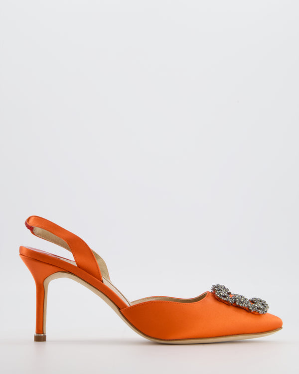 Manolo Blahnik Orange Satin Hangisi Slingback Pump Heel with Crystal Buckle Detail Size EU 38.5