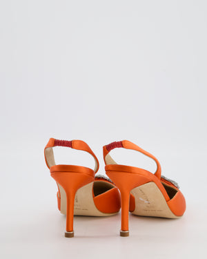 Manolo Blahnik Orange Satin Hangisi Slingback Pump Heel with Crystal Buckle Detail Size EU 38.5