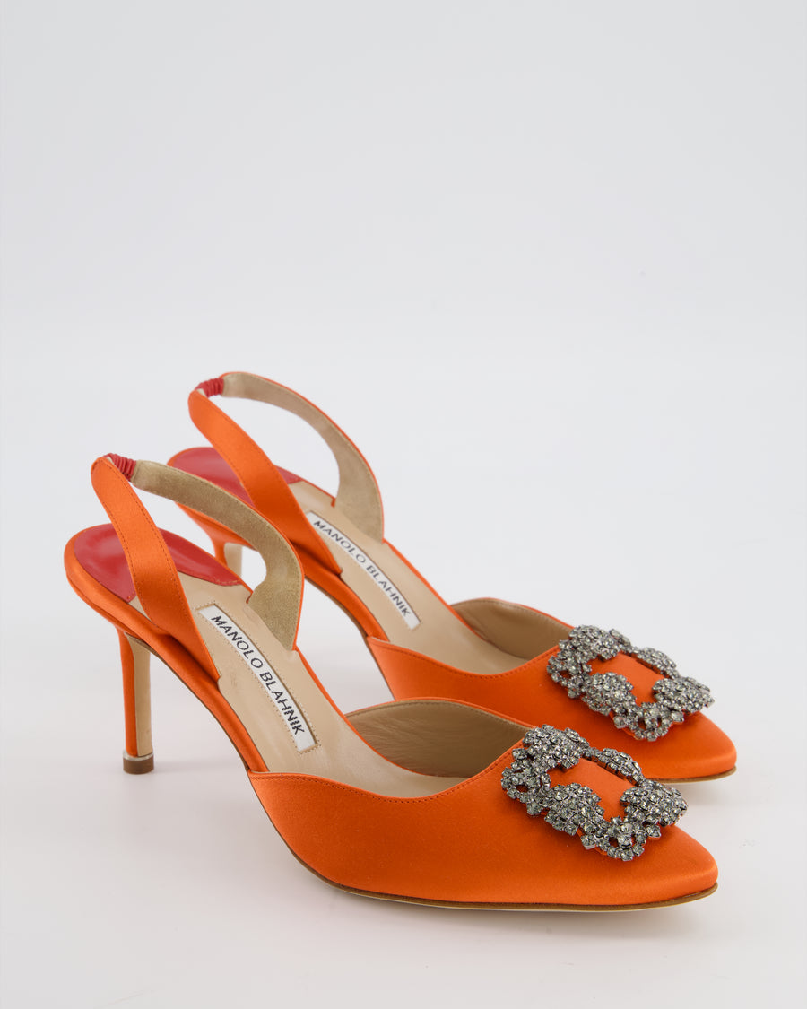 Manolo Blahnik Orange Satin Hangisi Slingback Pump Heel with Crystal Buckle Detail Size EU 38.5